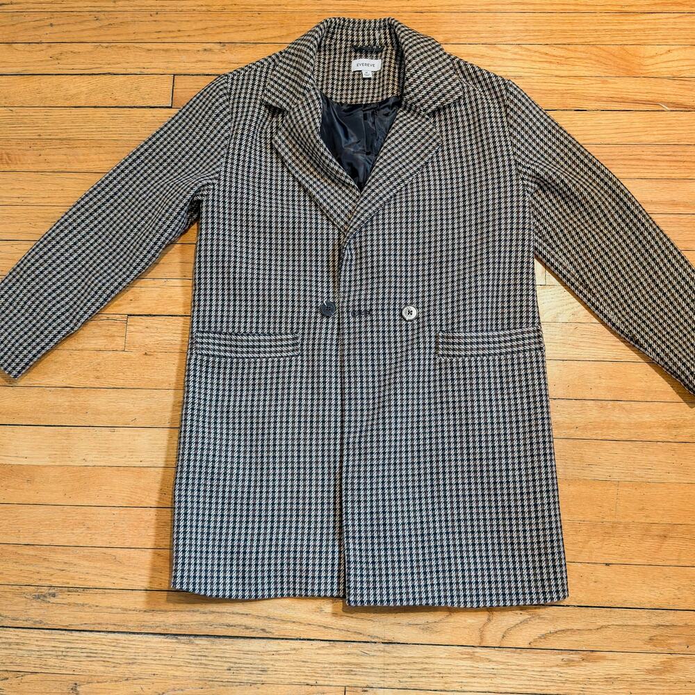 Evereve Women's Houndstooth Check Longline Coat Size M Two-Button Lined